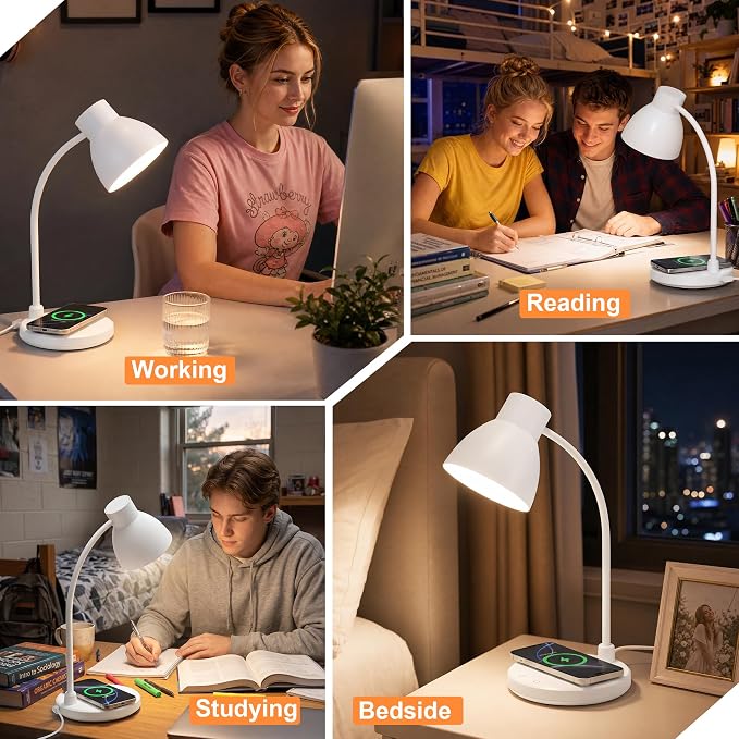 LED Desk Lamp for Home Office with Wireless Charger, White | 3 Color Modes Dimmable Eye-Caring Study Reading Dorm Desk Lamp, 360° Flexible Arm Table Lamp for College Dorm Room, 800 Lumen