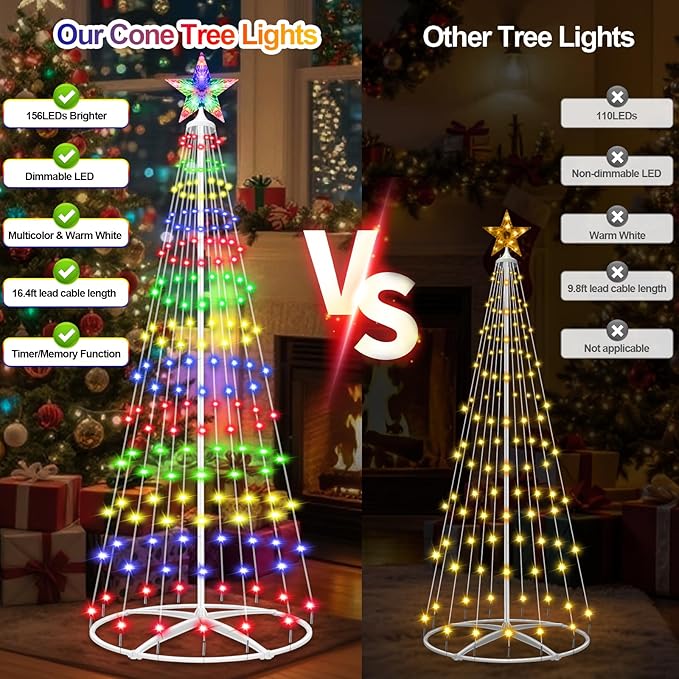 4FT Prelit Christmas Cone Tree with Lights, 156LEDs Small Christmas Tree Light with Remote Control, Timer, 11 Lighting Modes, Artificial Outdoor Christmas Tree for Yard Porch Lawn Decorations