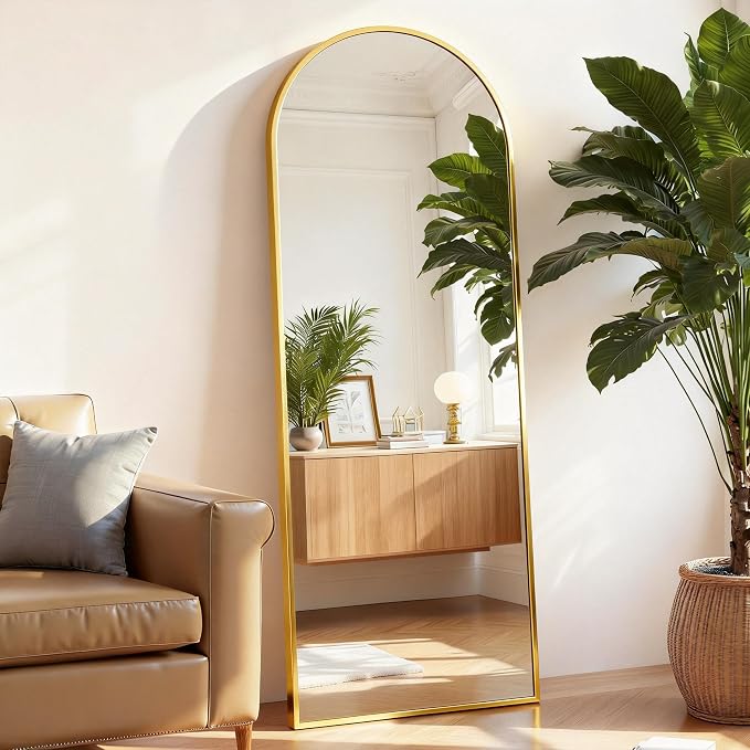 Arched Full Length Floor Mirror, 15.75"x59" Body Wall Mirror Stand | Shatter-Proof Nano Glass, Tall Standing, Hanging or Leaning, Aluminum Alloy Frame for Bedroom, Modern Home Decor, Gold