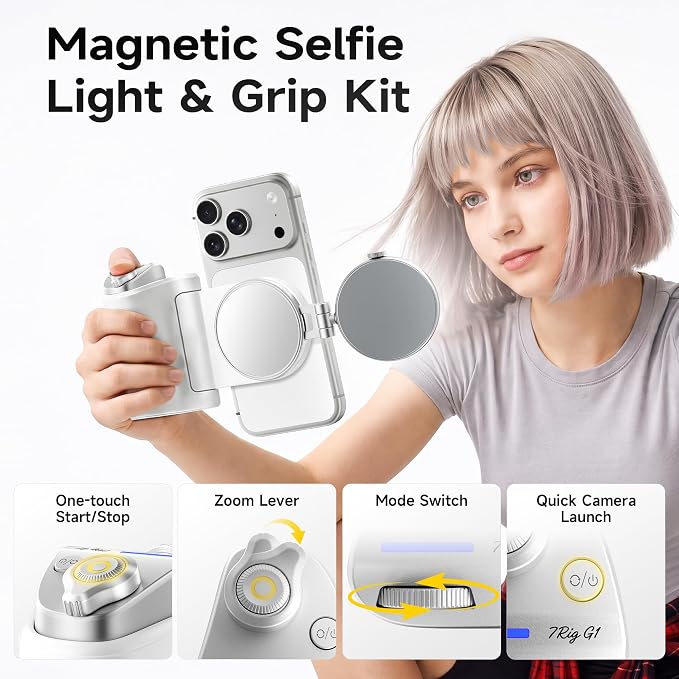 7RYMS 7Rig G1 Camera Grip & 7Lite L1 Selfie Light Creator Kit | Compatible with iPhone and Android. Perfect for Photography, Vlogging, Zoom Meeting, Selfies and Video Creation (White)
