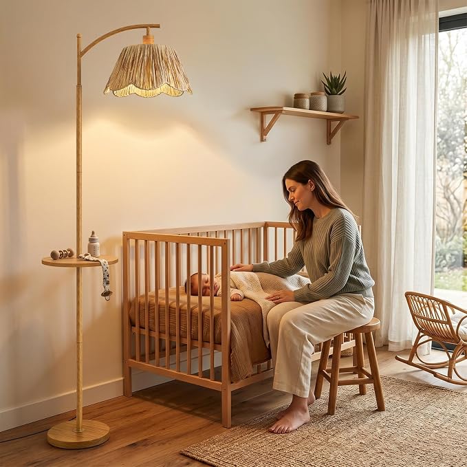 63.5" Floor Lamp with Table for Living Room, Boho Rattan Standing Lamps with Foot Switch, Farmhouse Floor Lamp for Bedroom, Arc Tall Lamp with Metal Base&Pole, Bulb not Included, Woodgrain