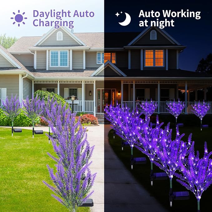 Lavender Solar Garden Lights, 6 Pack Outdoor LED Flowers | 6 purple lavender solar flowers with LEDs; auto on/off, IP65 waterproof stakes for pathway, yard, patio and Halloween decor