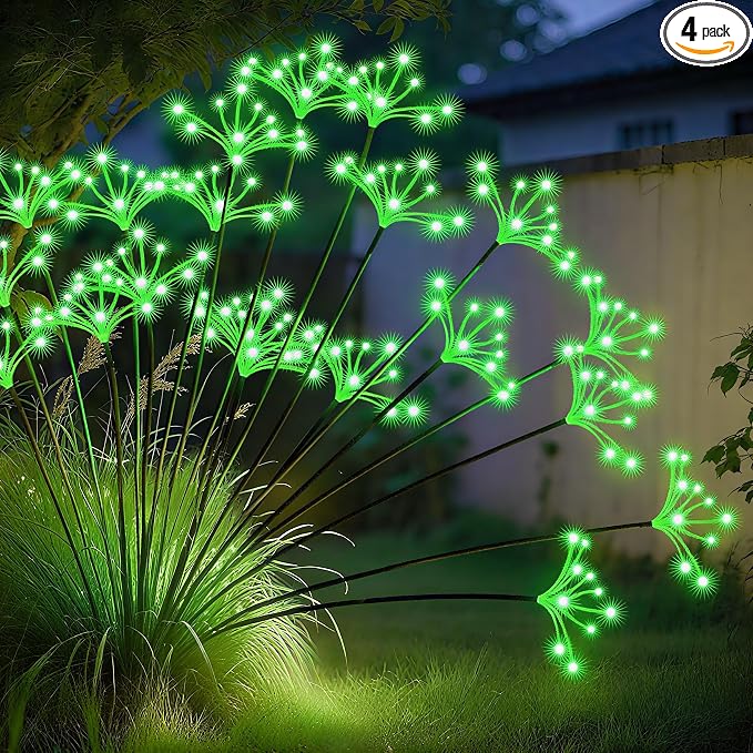 Solar Garden Lights, New Upgraded 4 Pack Solar Swaying Starburst Light, Waterproof Fireworks Outdoor Lights, Yard Patio Pathway Decoration, Green