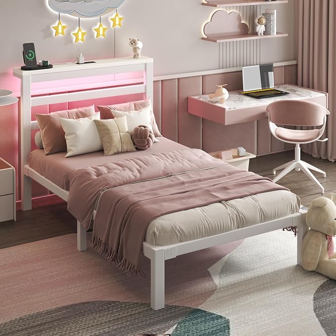 LOEWAY Twin Size Metal Bed Frame with Storage Headboard & LED Lights, White | Built-In Charging Station, Under-Bed Storage, Heavy Duty Metal Slats, No Box Spring Needed, Solid and Stable, Easy Assembly