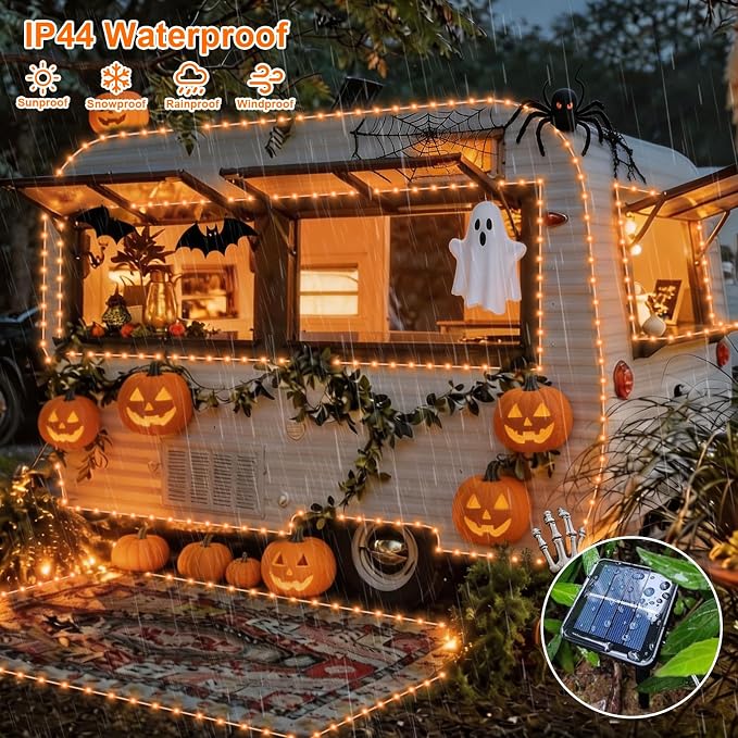 QITONG Orange Solar Halloween Lights, 66ft 200 LED Solar Rope Lights Outdoor, Fairy Lights in Clear Thin Tube with 8 Modes for Thanksgiving Fall Decor