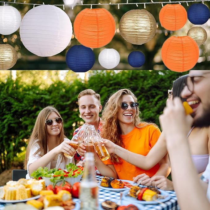 12Pcs Paper Lanterns 6”, 8”, 10”, 12”,Paperlanterns Party Decoration, Dark Blue White Orange Gold Paper Lanterns for Wedding, Bridal, Birthday, Outdoor, Home, Garden, Holiday and Party.
