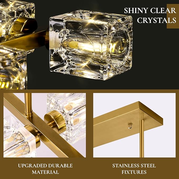 Modern Crystal Chandeliers for Dining Room, 8-Light Gold Rectangular Dining Room Light Fixture, Adjustable Farmhouse Pendant Light with K9 Crystal Cube Shade for Kitchen Island, Living Room, Bedroom