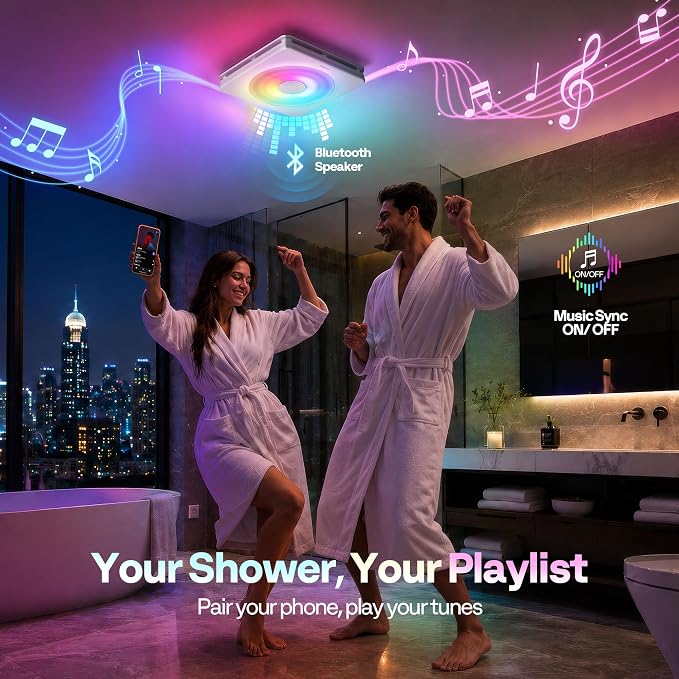 VIVOHOME Bathroom Exhaust Fan with Humidity Sensor, RGB Lights & Speaker | 240 CFM 6 Speeds, 1.6 Sones Quiet Energy-Saving EC Motor, Remote Control & Bluetooth Speaker, 11 x 12 in Easy Retrofit