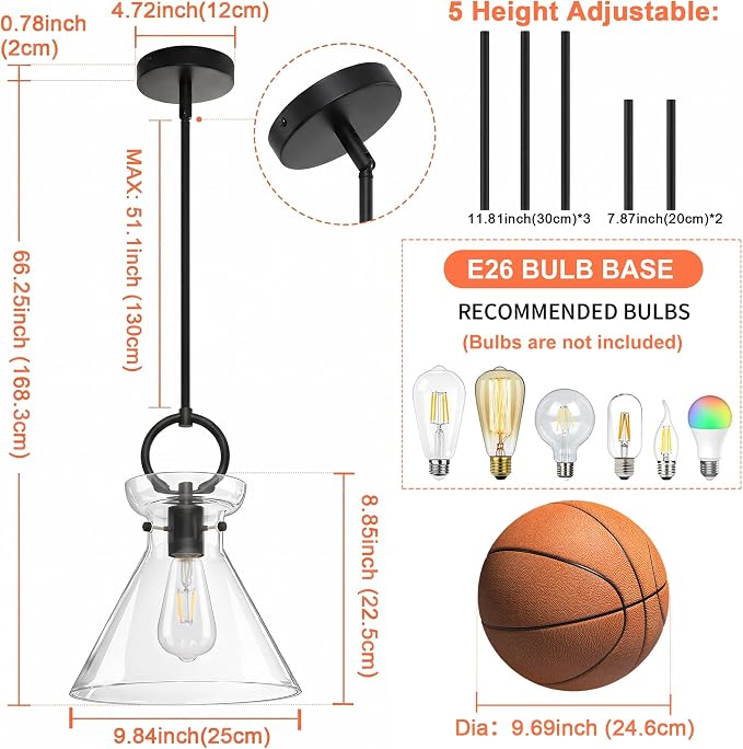 Glass Pendant Lights Kitchen Island Black 9.84'' Clear Glass Shade | Modern Pendant Lighting Over Sink, Adjustable Hanging Ceiling Light, E26 Dimmable Hardwired for Dining Room Hallway, 1-Pack