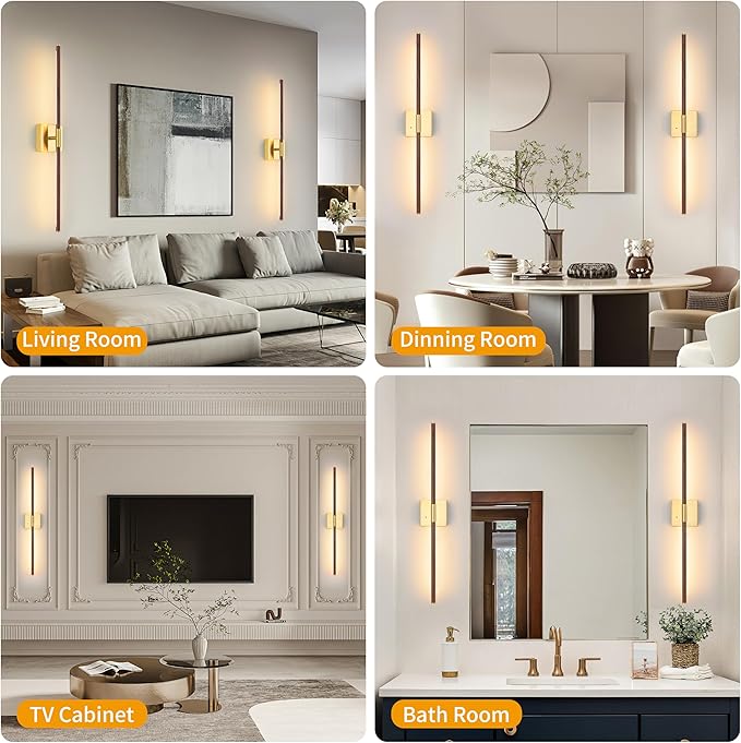 40″ Walnut Battery Operated Wall Sconces Set of Two, Dimmable Wall Sconce with Remote Control, Rechargeable Sconces Wall Lighting, LED Wireless Wall Lights for Bedroom, Living Room