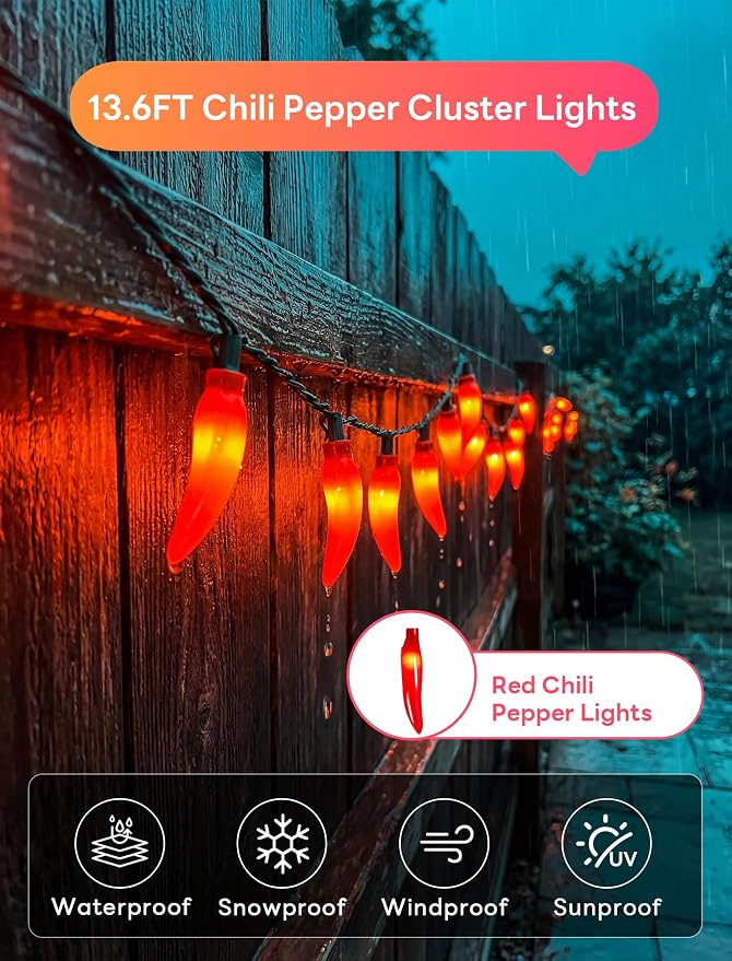 Chili Pepper String Lights, 13.6FT Chili Pepper Cluster Lights with 35 Red Chili Pepper Light for Outdoor Indoor Kitchen Garden Patio Christmas Mexican Party Decor