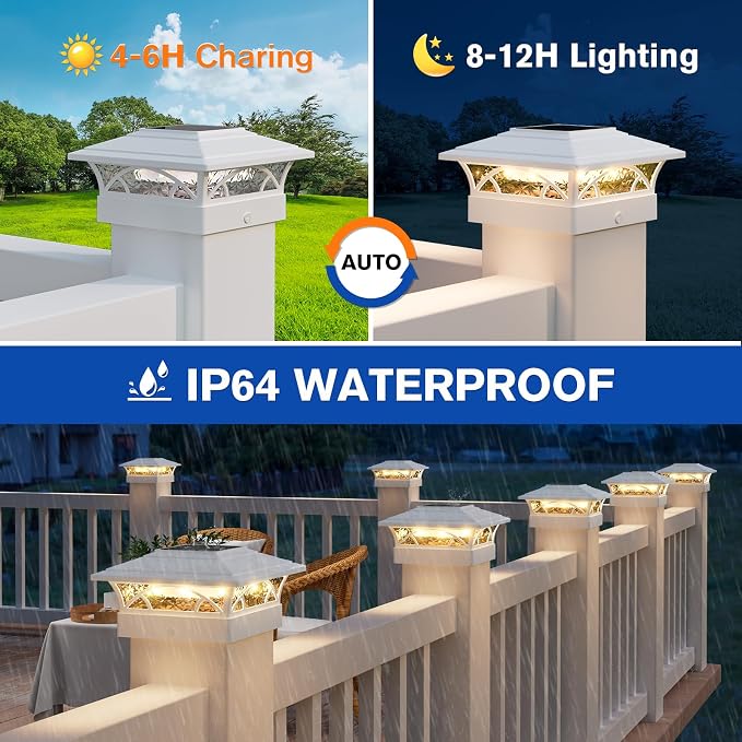 APONUO Solar Post Cap Lights 16 Pack - 4x4 5x5 6x6 Fence Post Lights, Auto On/Off, Waterproof IP64, 2-Mode (Warm/Cool White), Deck Patio Yard Solar Light for Wood & Vinyl Posts, White