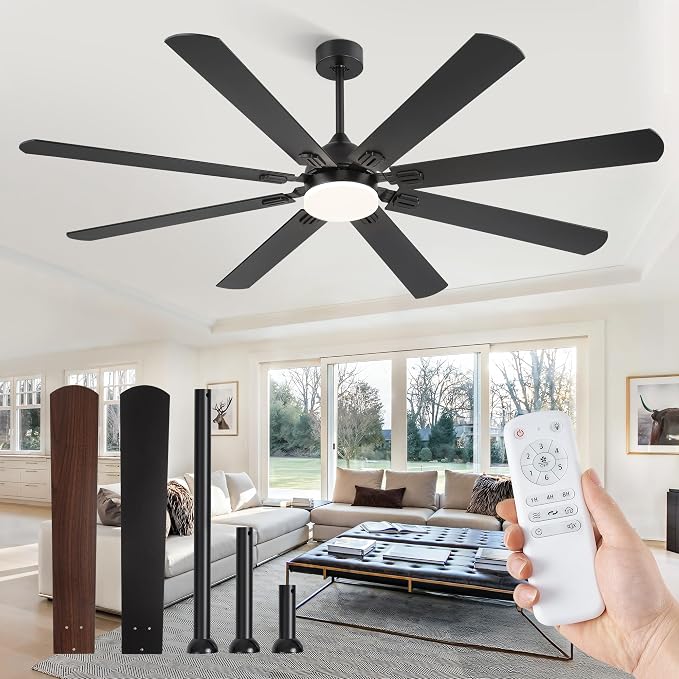Fanbulous 72 Inch Outdoor Ceiling Fans with Lights,Black | Modern,6 Speeds,3CCT,Timer,Remote Control,Quiet Reversible DC motor,Large,8 Double-sided Blades,Easy Installation