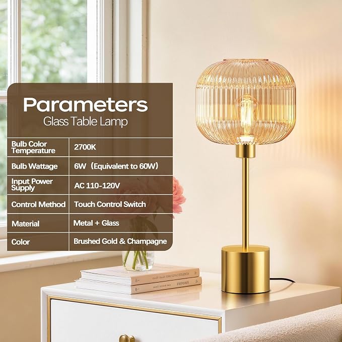 QiMH Glass Table Lamp for Living Room, Modern Bedside Lamp with Champagne Ribbed Glass Shade, 3-Way Dimmable Touch Control Nightstand Lamp for Bedroom, Brushed Gold (2700K LED Bulb Included)