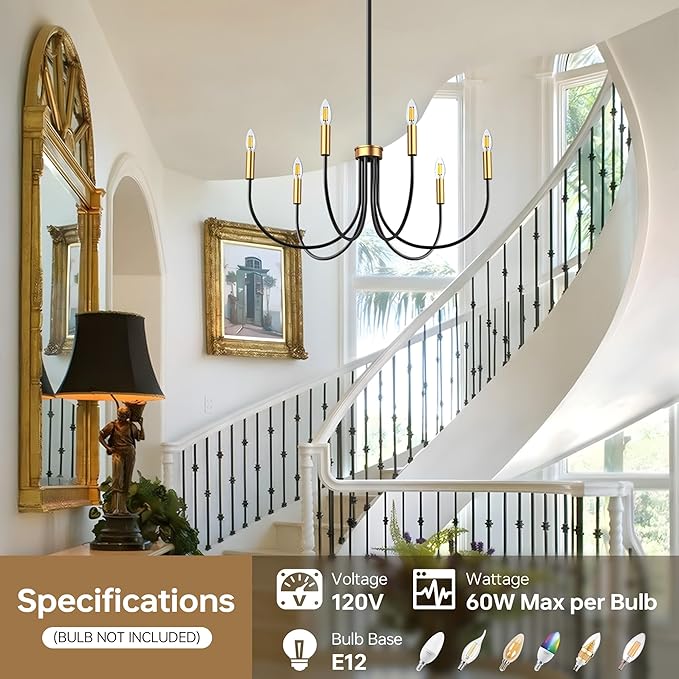 Dining Room Chandelier, ropelux 6-Light Black & Gold Farmhouse Light Fixtures Over Table, Hanging Height Adjustable Kitchen Island Lighting with E12 Base (Bulb not Included) for Foyer Bedroom Entryway