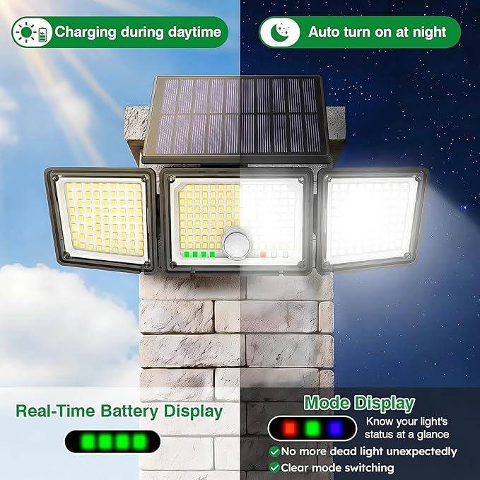Solar Outdoor Lights Motion Sensor, 3500LM 286 LED Security Flood Lights with Visual Battery & Mode Display, 3 Lighting Modes, IP65 Waterproof 3-Head Wide Angle for Garage, Yard, Patio (1 Pack)