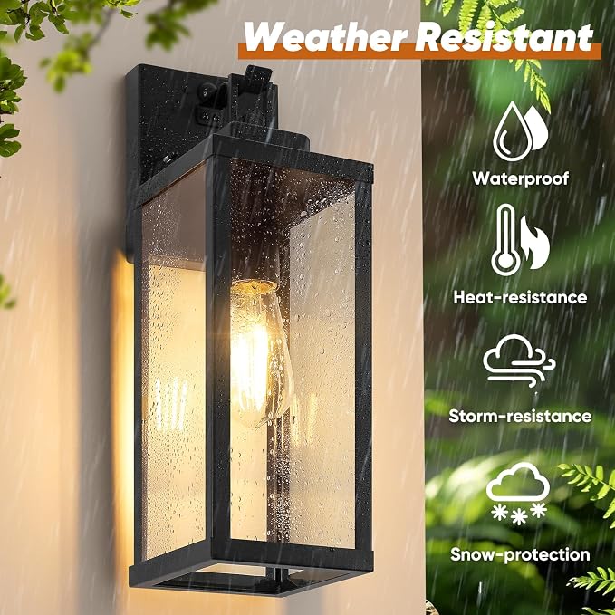 2-Pack 16” Upgraded Motion Sensor Outdoor Wall Lights, Black | Auto ON/OFF, 3 Lighting Modes, Waterproof, Rust-Resistant, Durable Metal & Clear Glass, Standard E26 Sockets, Easy to Install