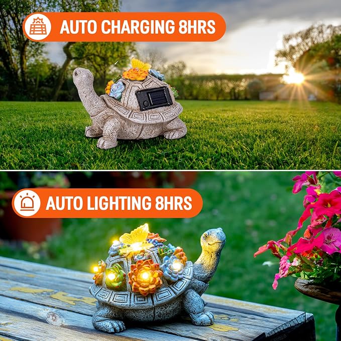 YDKOJGW Solar Garden Outdoor Statues with Succulent and 7 LED Lights - Lawn Decor Tortoise Statue for Patio, Balcony, Yard Ornament - Unique Housewarming Gifts (Gray Turtle)