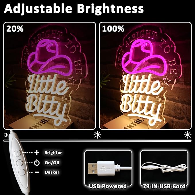 It's Alright To Be Little Bitty Neon Sign for Wall Decor Dimmable Cowboy Hat Led Sign for Bedroom Neon Light for Western Farmhouse Nursery Decor Home Baby Shower Party Gift for Kids Girls