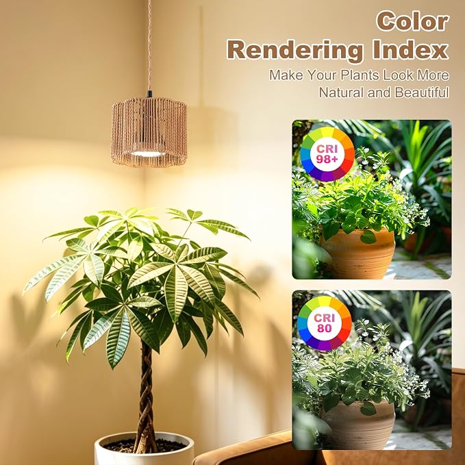 Hanging Grow Light, 30W LED Lamp with Timer for Indoor Plants | 4000K LED plant lamp with 15 ft cord, outlet timer, and boho paper rope shade for succulents, herbs, and low-light rooms.