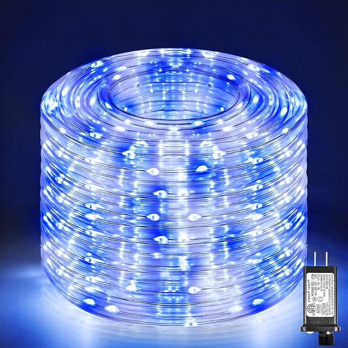 100FT 300 LED Rope Lights for Outside, Connectable Rope Lights Outdoor Waterproof with 8 Modes, Plug in Christmas String Lights for Patio, Deck, Pool, Stair, Camping - Blue White