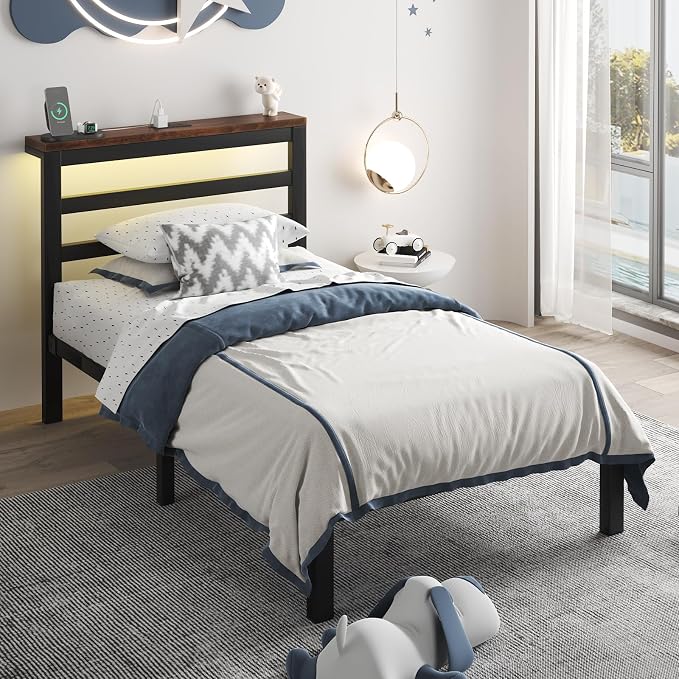 LOEWAY Twin Size Metal Bed Frame with Storage Headboard & LED Lights, Black | Built-In Charging Station, Under-Bed Storage, Heavy Duty Metal Slats, No Box Spring Needed, Solid and Stable, Easy Assembly
