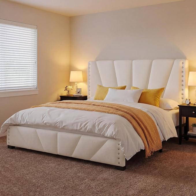 EnHomee Queen Bed Frame with LED Lights & USB, Noise-Free, Beige | Adjustable Velvet Headboard,Under-Bed Space, Heavy Duty Support with 12 Slats, No Box Spring Needed, Easy Assembly