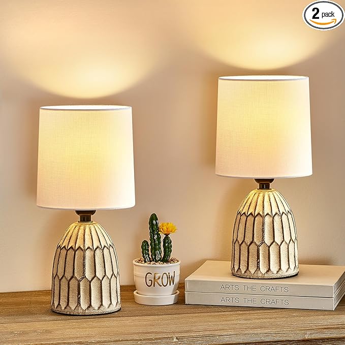 EJIAXIN Table Lamps Set of 2-13.5" Small Boho Lamp - Bedside Lamps - Farmhouse Rustic Ceramic Table Lamp for Bedroom, Living Room, Nightstand, Office, Side Desk Lamp, End Table Lamp