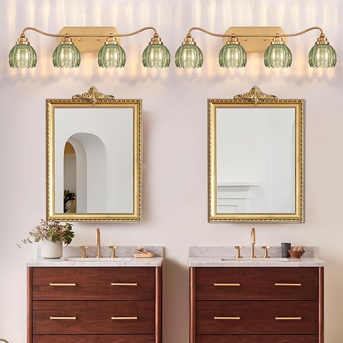Vintage Gold Vanity Lights, 4 Light Tulip Crystal, Antique Brass Finish | Brushed Gold Bathroom Light Fixtures, Green Wall Sconce Ideal for Bedroom, Living Room, E26 Compatible, Easy Install