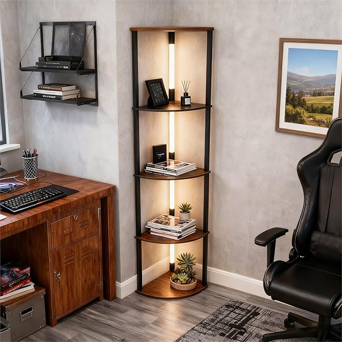 Lightdot Corner Floor Lamps with Shelves, 64Inch 5-Tier Storage Shelf Lamp with Integrated LED Posts/Amber Shelf/Black Frame, Black Display Floor Lamp for Living Room Bedroom/Sofa Beside/Corner Decor