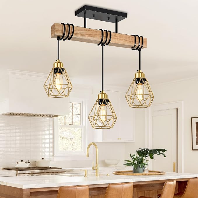 3-Lights Dining Room Light Fixture Over Table, Wood Kitchen Island Lighting Hanging, Farmhouse Chandelier for Dining Room, Black Pendant Light Fixtures with Gold Metal Cage for Bar Restaurant