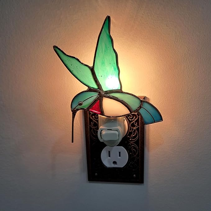 Gift Essentials Hummingbird Plug in Night Light - Stained Glass Nightlight with On/Off Rocker Switch - Includes One 4 Watt Replaceable Incandescent Warm Glow Bulb