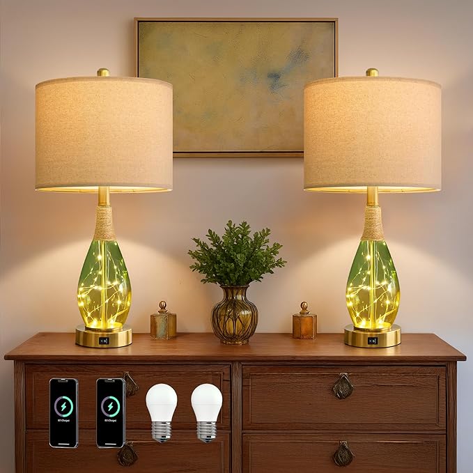 23" Table Lamps Set of 2,Farmhouse Lamps with Glass Nightlight, Bedside Lamps for Living Room, Rattan Lamps for Bedroom Nightstands, Two Light Points
