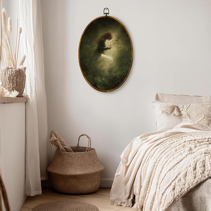 zewepri Forest Nymph Dark Academia Oval Canvas Art | 8.5x11.5 in oval framed canvas with ethereal forest nymph and twigs, mystical vintage decor for bedroom or living room.