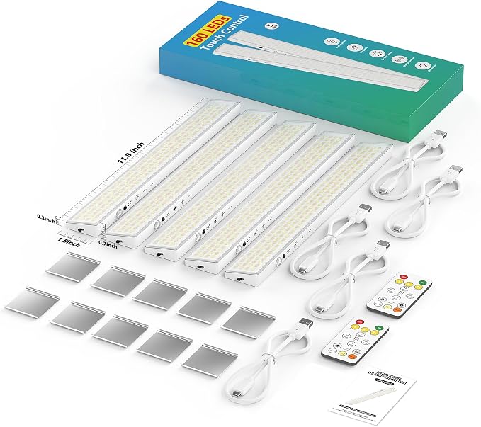 12" Under Cabinet Lights Wireless Rechargeable, Motion Sensor, 5Pack, White | Touch & Remote Control丨160 bright LEDs丨4000mAh Battery丨Dimmable 3 color temps丨Magnetic install for kitchen counter, closet