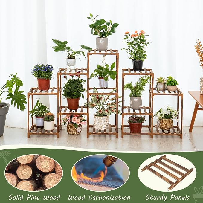 Wood Plant Stand Indoor Outdoor Corner Plant Shelf Stand, 5 Tiered 10 Potted Flower Plant Stands for Indoor Plants Multiple, Plant Shelves Stands Rack for Living Room, Patio, Balcony