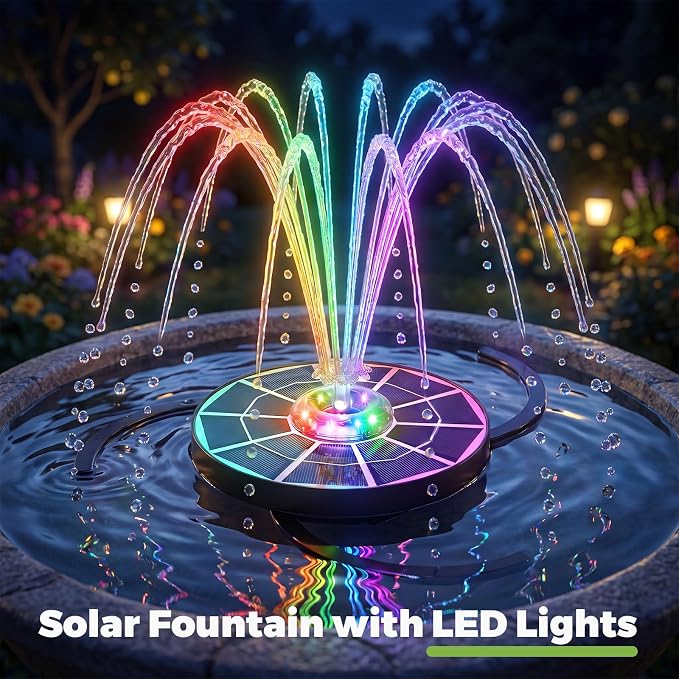 AISITIN 4W Solar Bird Bath Fountain with Lights, Rechargeable Floating Solar Water Pump with 2200mAh Battery & Upgraded Glass Panel, 2026 LED Outdoor Fountain for Garden, Pond, Pool & Patio