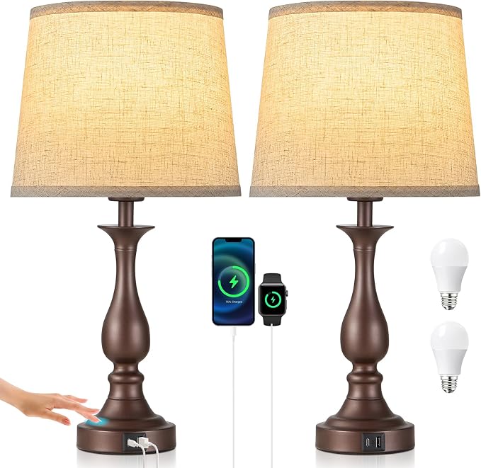 Bedside Table Lamp Touch Control Bedroom Lamps with USB A + C Charging Port 3 Way Dimmable Touch Lamps for Nightstand Living Room Bedroom Dorm Home Office Reading, Set of 2 (Beige Shade & Brown Base)