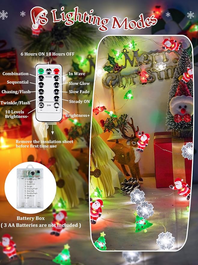 Christmas Tree Santa Snowflake Fairy Lights Battery Operated with Remote | 10FT 30LED, 8 Modes & Timer, Waterproof Wire, Christmas Fairy Lights Twinkle for Indoor Outdoor Xmas Fireplace Window Decor