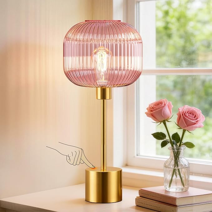 QiMH Glass Table Lamp for Living Room, Modern Bedside Lamp with Pink Ribbed Glass Shade, 3-Way Dimmable Touch Control Nightstand Lamp for Bedroom, Brushed Gold (2700K LED Bulb Included)