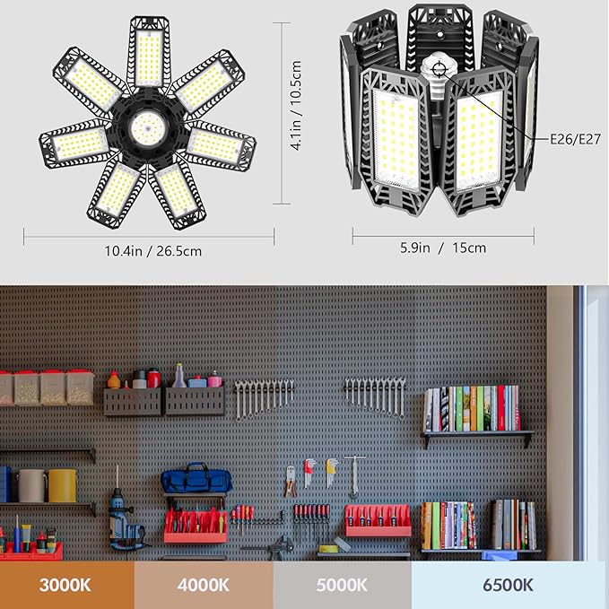 LED Garage Light 8 Pack - 200w 20000LM 6500K Garage Lights Ceiling LED with 7+1 Adjustable Panels, Shop Lights Screw in E26 E27 Bulb Socket for Workshop, Storage Room, Basement, Warehouse