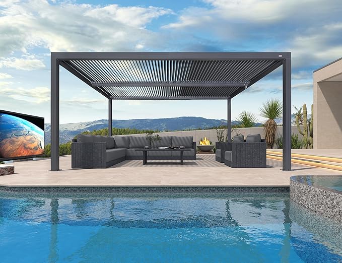 PURPLE LEAF Outdoor Pergola 94AS 12' x 16' Aluminum 53mph Wind Resist Gray | Integrated Rainproof Design, Two Adjustable Louvered Roofs, 53Mph Wind Resistant, All-Aluminum Rustproof Frame.