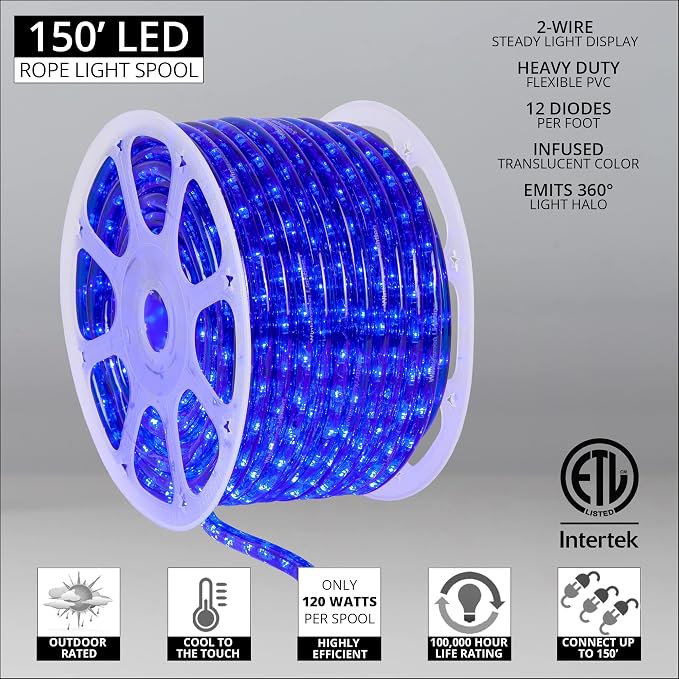 Wintergreen Lighting 150ft 1800 LED Commercial Grade Blue Rope Light Kit, Flexible Heavy Duty Indoor-Outdoor, 120V, ½ Inch, 2-Wire
