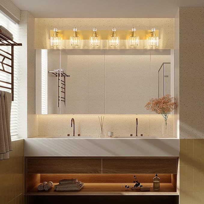 PRESDE Crystal 6 Light Bathroom Vanity Lights Gold Vanity Light for Bathroom Over Mirror Modern Wall Sconce