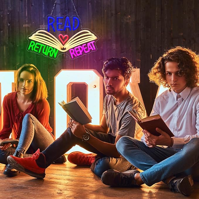 15.8 x 10 Inches Read Neon Sign Read Return Repeat Book USB Dimmable Neon LED Sign for School Library Reading Corner Classroom Wall Decor, Study Room Gifts Art for Book Lover