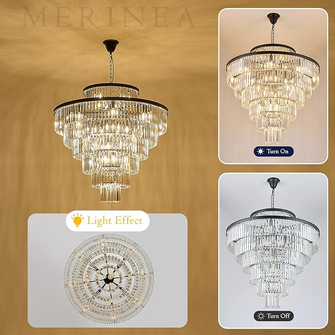 Large 40" Black Crystal Chandelier 28 Lights Modern Round Chandeliers for Staircase Luxury 7-Tier K9 Crystal Ceiling Pendant Light Fixture for High Ceiling Living Room Foyer