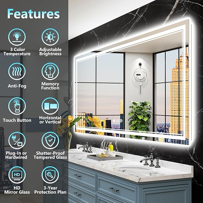 72x36 LED Bathroom Mirror, Backlit & Front Lit Lighted Mirror | Anti-Fog Vanity Mirror with Lights, 3 Color Dimmable, Memory, Shatterproof, Tempered Glass, CRI95, UL Listed, Wall Mounted