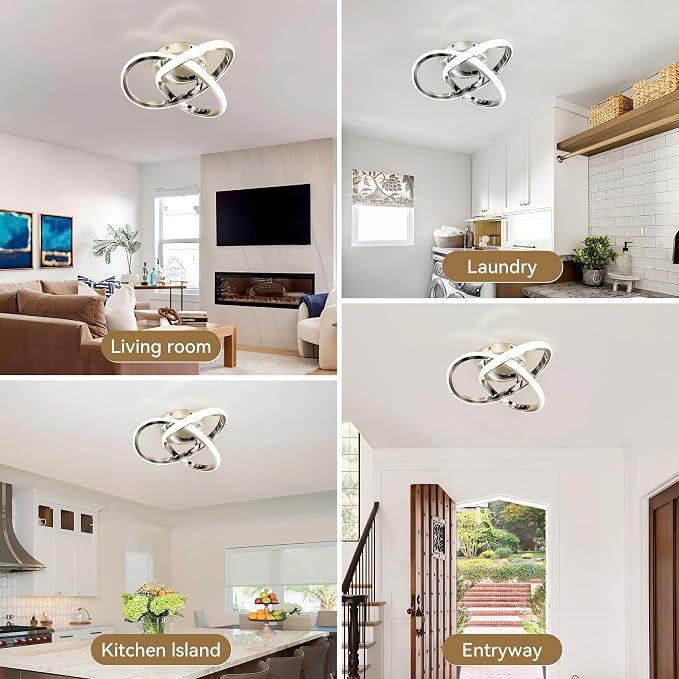 10 Inch Modern Ceiling Light, 24W LED Dimmable Ceiling Light with Remote Control, 3000-6000K Color Temperature Adjustable, Chrome Small Chandelier for Bedroom, Entryway, Hallway, Kitchen