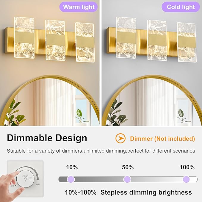 Modern LED Bathroom Light Fixtures Dimmable 3-Light Gold Vanity Light, 5CCT Adjustable Lighting Fixture Vanity Lights Over Mirror, Smoked Acrylic LED Vanity Lights for Bathroom