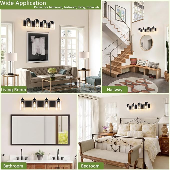 Dpyrrhic Bathroom Vanity Light, Modern Matte Black 4-Light Bathroom Lights Over Mirror with Clear Glass Shade,Wall Sconces for Bedroom,Living Room